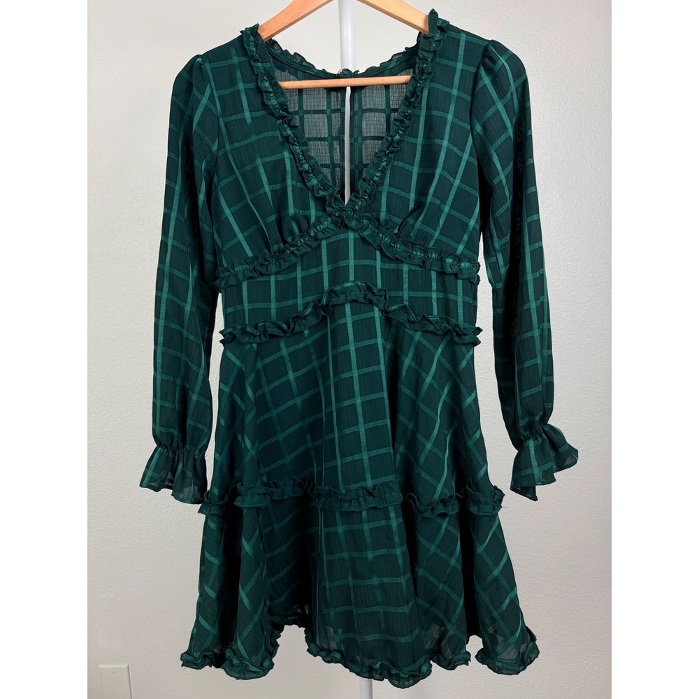 Emerald Green Fairycore Ruffle Mini Dress Cottagecore Forest Fairy Boho M
